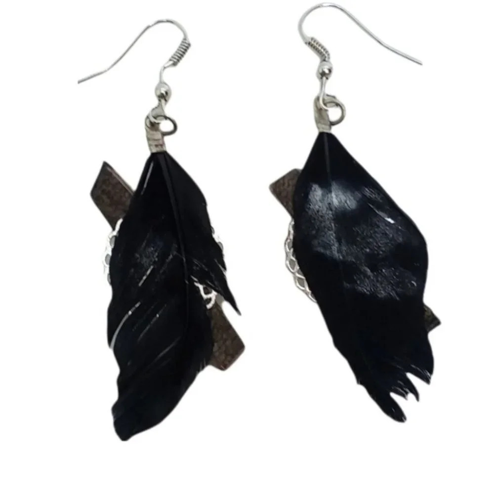 Handmade Feather Leather Silver Medallion Earrings - Picture 2 of 2